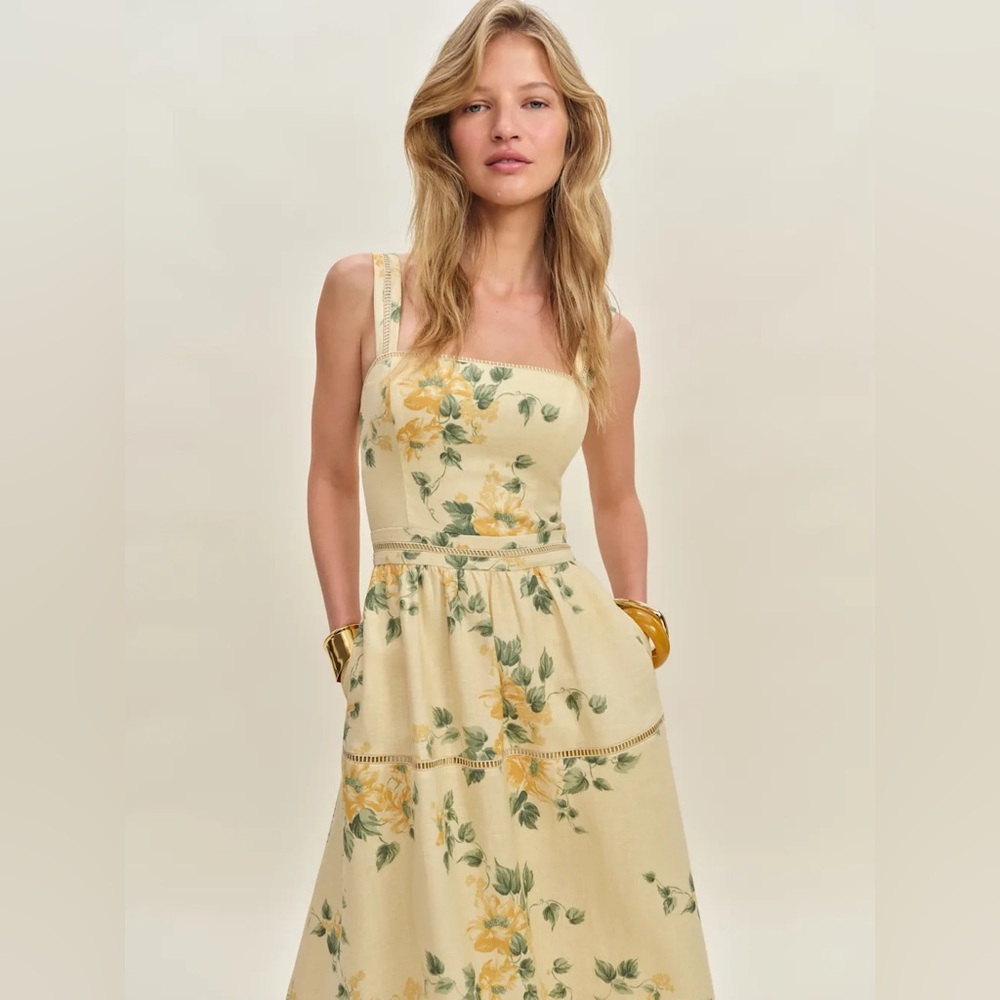 NEW Reformation Everett Linen Midi Dress Radiance Yellow Floral | US 4 UK 8 - Picture 3 of 16